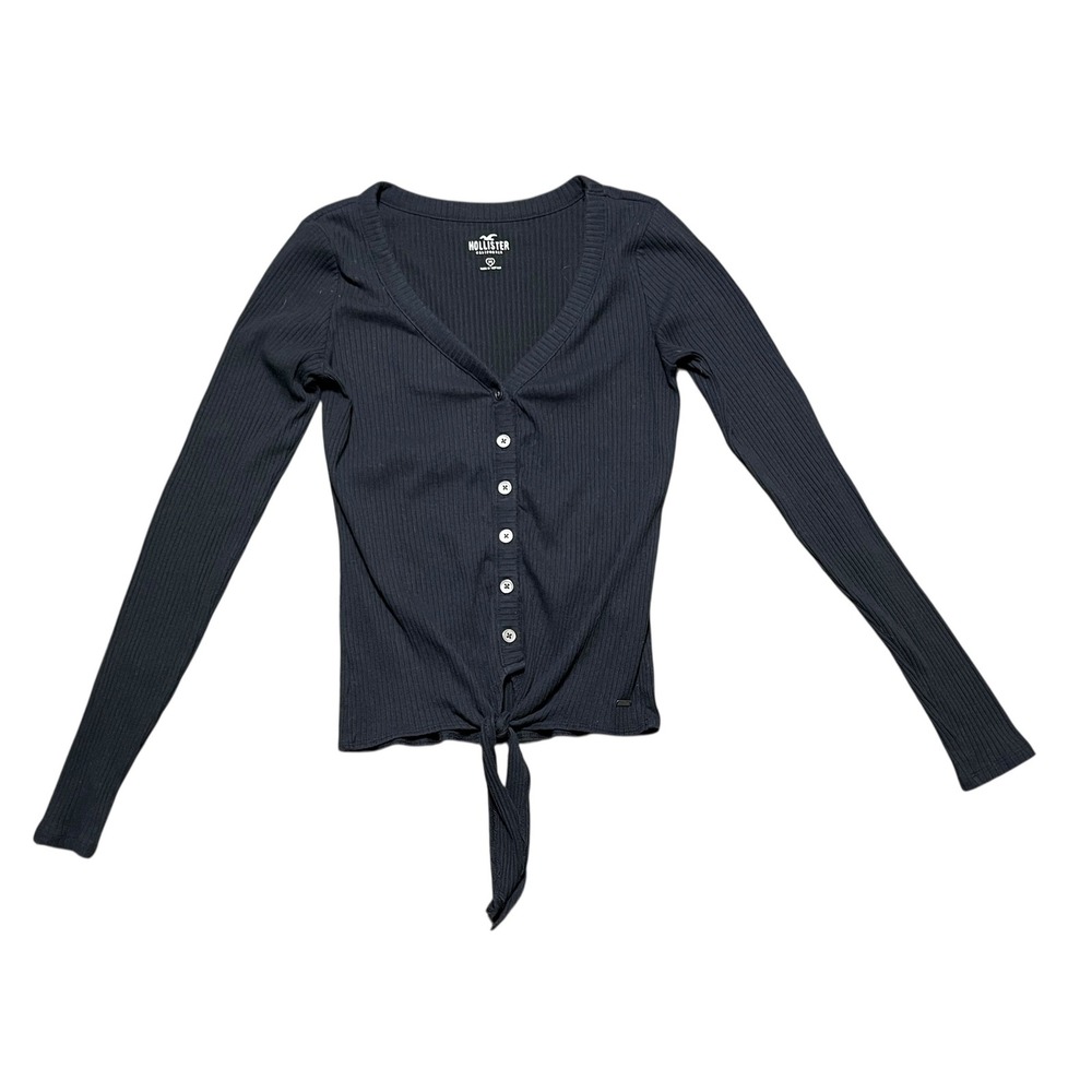 Hollister Black Ribbed V Neck Button Front Tie‎ Waist Long Sleeve Top Medium Y2K